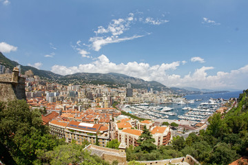 historic; mountain; old; sky; famous; panorama; roof; rich; principality; bay; ship; coastline; coast; riviera; summer; port; water; harbor; tourism; europe; yachting; yacht; mediterranean; tower; lan