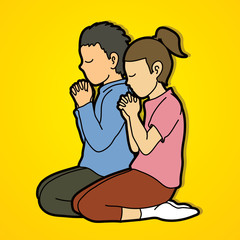 Boy and Girl pray together, Prayer, Christian praying children pray with God cartoon graphic vector