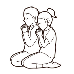 Boy and Girl pray together, Prayer, Christian praying children pray with God cartoon graphic vector