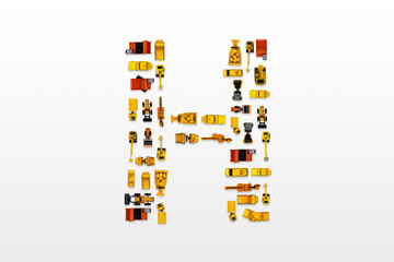 English letters formed by arrangement of Car toy diecast on the white background , Top view