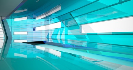 Abstract white and colored gradient glasses interior multilevel public space with window. 3D illustration and rendering.