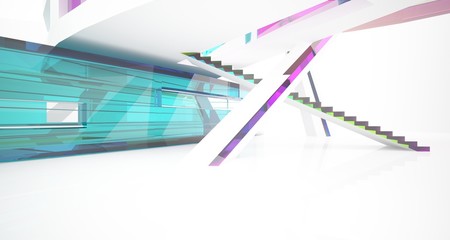 Fototapeta premium Abstract white and colored gradient glasses interior multilevel public space with window. 3D illustration and rendering.