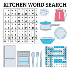 Word search game for kids. Vector illustration for learning English. Kitchen - 215746730