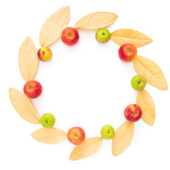 Autumn round frame of autumn dried leaves and apple fruits on white background. Flat lay, top view, copy space