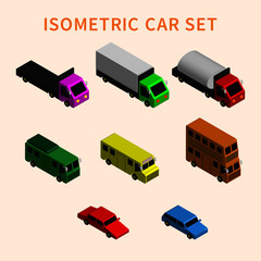 3d isometric car set, truck, bus and personal car,editable vector illustration