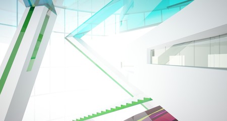 Abstract white and colored gradient glasses interior multilevel public space with window. 3D illustration and rendering.