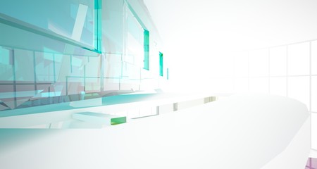 Abstract white and colored gradient glasses interior multilevel public space with window. 3D illustration and rendering.