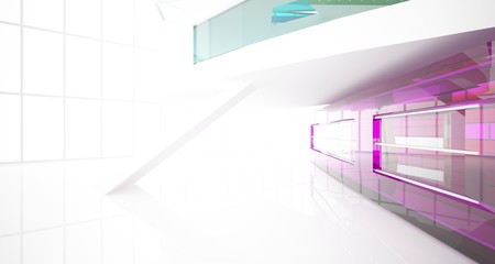 Obraz premium Abstract white and colored gradient glasses interior multilevel public space with window. 3D illustration and rendering.