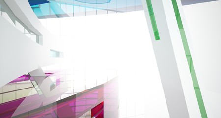Obraz premium Streszczenie białe i kolorowe okulary gradientowe wnętrze wielopoziomowej przestrzeni publicznej z oknem. Ilustracja i renderowanie 3D.