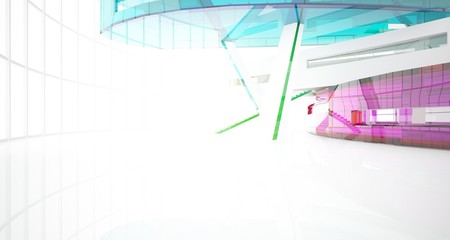 Fototapeta premium Abstract white and colored gradient glasses interior multilevel public space with window. 3D illustration and rendering.