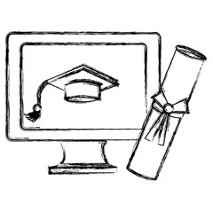 computer with hat and diploma graduation vector illustration design