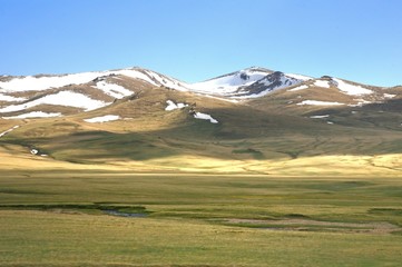  The beautiful scenic at Song kul lake ,  Naryn with the Tian Shan mountains of Kyrgyzstan