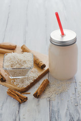 Fototapeta na wymiar Horchata is a drink made with rice and cinnamon from Mexico, mexican drink