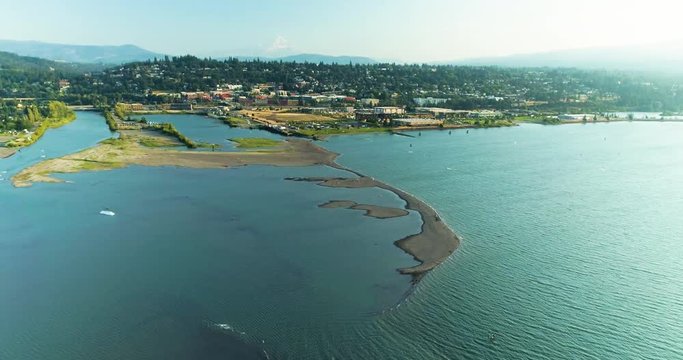 Hood River Oregon Panoramic Cinematic Aerial View City Mount Hood