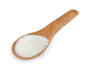 Fototapeta na wymiar White sugar in spoon on white background