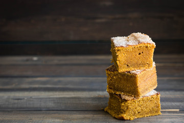 Homemade pumpkin bars with sugar-cinnamon crust