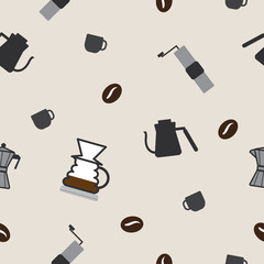 Cofee accessories seamless pattern, manual brew coffee concept in outline cartoon