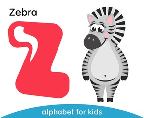 Pink letter Z and striped cute Zebra. English alphabet with animals. Cartoon characters isolated on white background. Flat design. Zoo theme. Colorful vector illustration for kids.