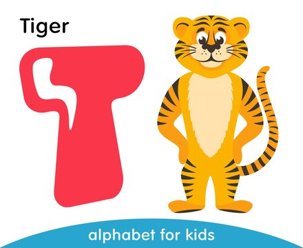 Pink letter T and yellow Tiger. English alphabet with animals. Cartoon characters isolated on white background. Flat design. Zoo theme. Colorful vector illustration for kids.