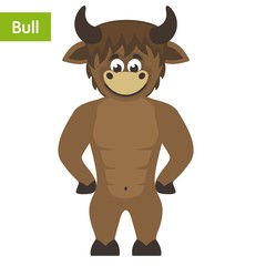 Cheerful brown bull. Funny cartoon character on white background. Flat design. Isolated object. Colorful vector illustration for kids