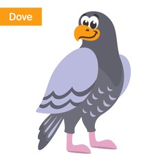 Gray Dove with a yellow beak on a white background. Cartoon colorful character for children. Isolated object. Flat style. Vector illustration.