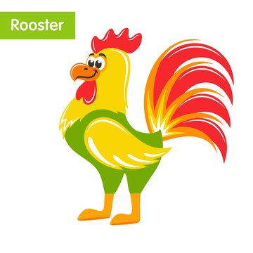 Cute rooster with yellow wings and a red tail. Funny cartoon character on white background. Flat design. Isolated object. Colorful vector illustration for kids.