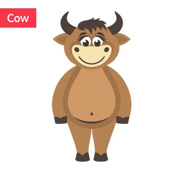 Smiling brown cow. Funny cartoon character on white background. Flat design. Isolated object. Colorful vector illustration for kids.