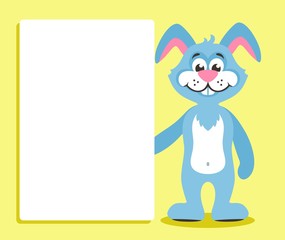 Cute blue rabbit (hare) with white banner or board. Template for your text. Cartoon  character on yellow background. Place your text on blank sheet. Flat style. Colorful vector illustration.