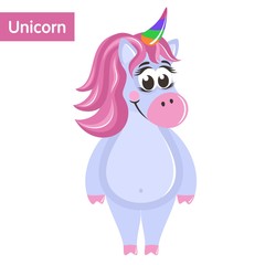 Cute purple unicorn with a pink mane and multi-colored horn. Funny cartoon character on white background. Flat design. Isolated object. Colorful vector illustration for kids.