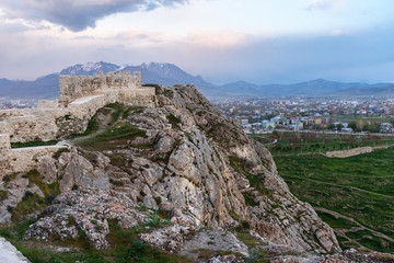 Wall of Van castle on sunset. Turkey