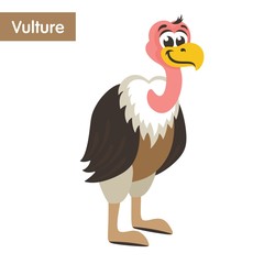 Cute brown vulture with a pink neck. Funny cartoon character on white background. Flat design. Isolated object. Colorful vector illustration for kids.