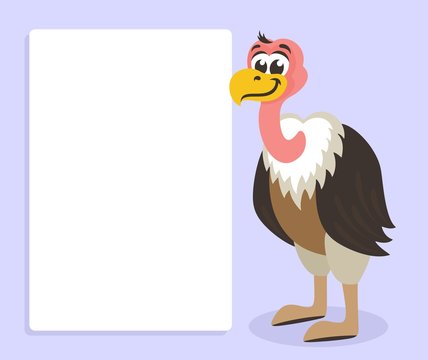 recommend clip art: Cute brown vulture with white banner or board. Template for your text. Cartoon  character on violet background. Place your text on blank sheet. Flat style. Colorful vector illustration for kids.