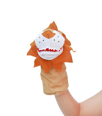 Hand wearing Lion puppets with copy space isolated on white background, Lion head.