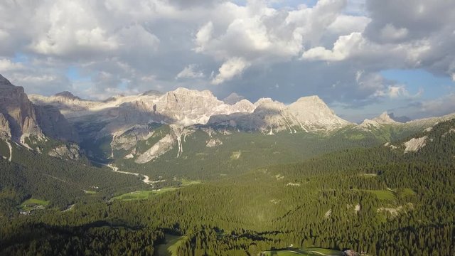 Fantastic landscape at Dolomites. Drone aerial view at the peaks called Conturines, Pizes de Fanis, Lagazuoi and Falzarego mountain pass. Alta Badia, Sud Tirol, Italy