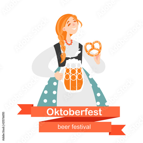 Oktoberfest Banner With Funny Cartoon Character A Girl With A Mug
