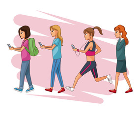 Fototapeta premium Young womens using smartphones cartoons vector illustration graphic design
