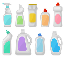 Bottle of detergents set, household cleaning chemical product containers vector Illustrations on a white background