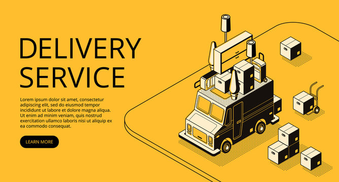 Delivery Service Vector Illustration Of Loader Truck With Furniture For Moving Or Store Order Shipping. Logistics Transport Thin Line Art And Isometric Black Halftone Design On Yellow Background