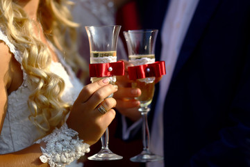 Bride and groom with glasses of champagne with burgundy ribbons. selective focus