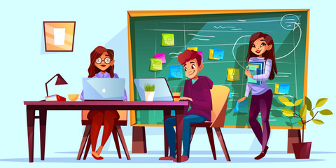 Team working in office with Kanban board vector illustration. Business colleagues at work tables with computers and agile scrum management for teamwork or freelance project planning