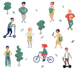 Fototapeta premium Eco friendly people set, man and woman protecting the environment, using alternative transport, collecting waste vector Illustrations on a white background