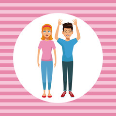 Young couple inside round icon over pink striped background vector illustration graphic design
