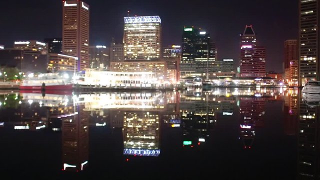 The skyline and docks reflecting in the water at night