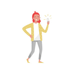 Smiling girl holding an energy saving light bulb, eco friendly people concept, protection and preservation of the environment vector Illustration on a white background