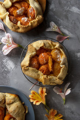 Pies with apricots. Gray background. Decor of flowers. Flat lay