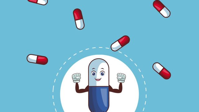 Funny pill cartoon with stong arms over medicine falling blue background high definition animation colorful scenes