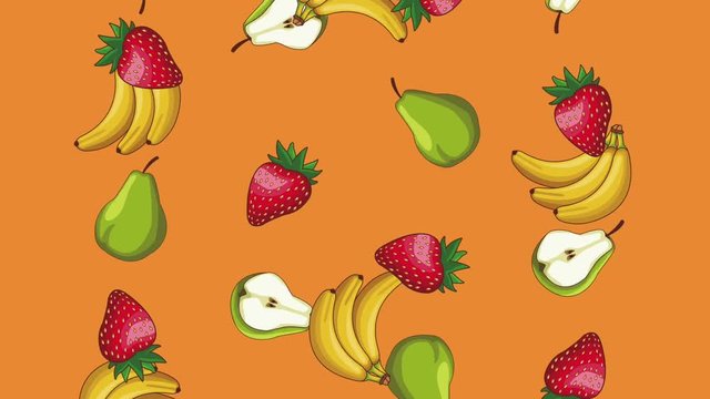 Bananas strawberries and pears falling over orange background high definition animation colorful scenes
