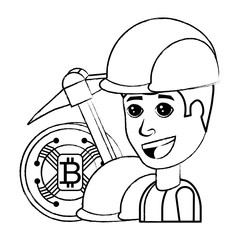 cryptocurrency concept design with bitcoin coin and pickaxe with cartoon man over white background, vector illustration