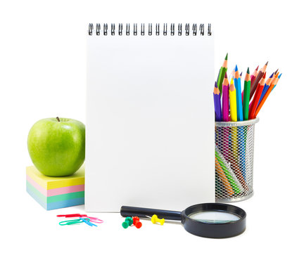 School stationery on a white