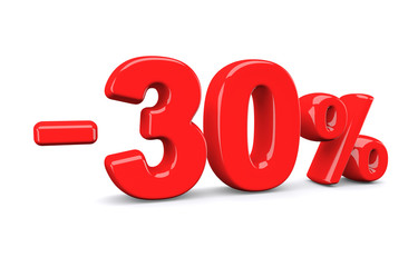 30 percent off discount sign. Red text is isolated on white. 3d render